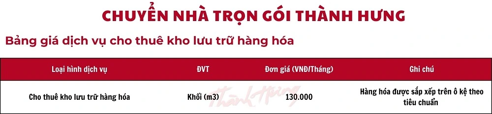 Chuyển Nhà Trọn Gói Thành Hưng cung cấp bảng báo giá dịch vụ lưu trữ hàng hóa cho Quý khách hàng.