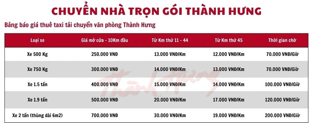 Trên đây là bảng giá tham khảo Thành Hưng cung cấp cho khách hàng khi thuê xe vận chuyển văn phòng.