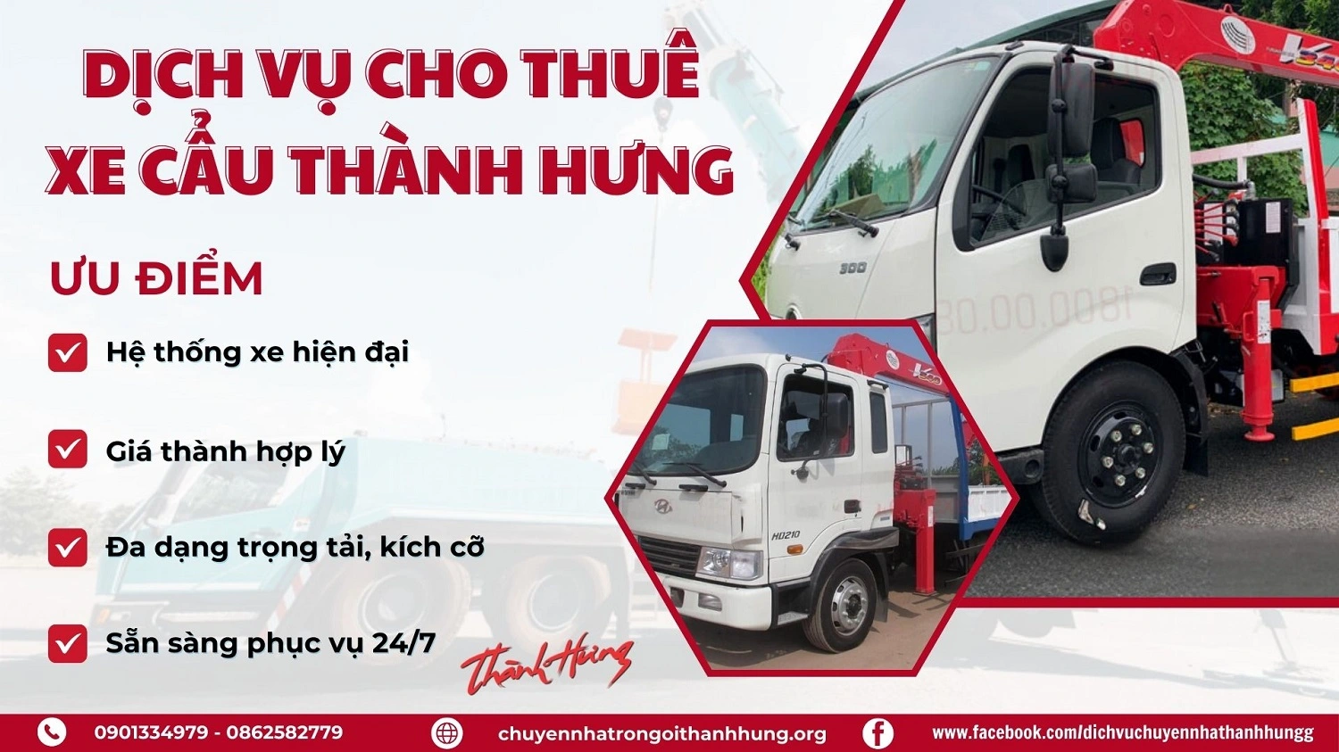 Dịch vụ cho thuê xe cẩu Thành Hưng luôn sẵn sàng phục vụ, đáp ứng mọi nhu cầu của Quý khách.